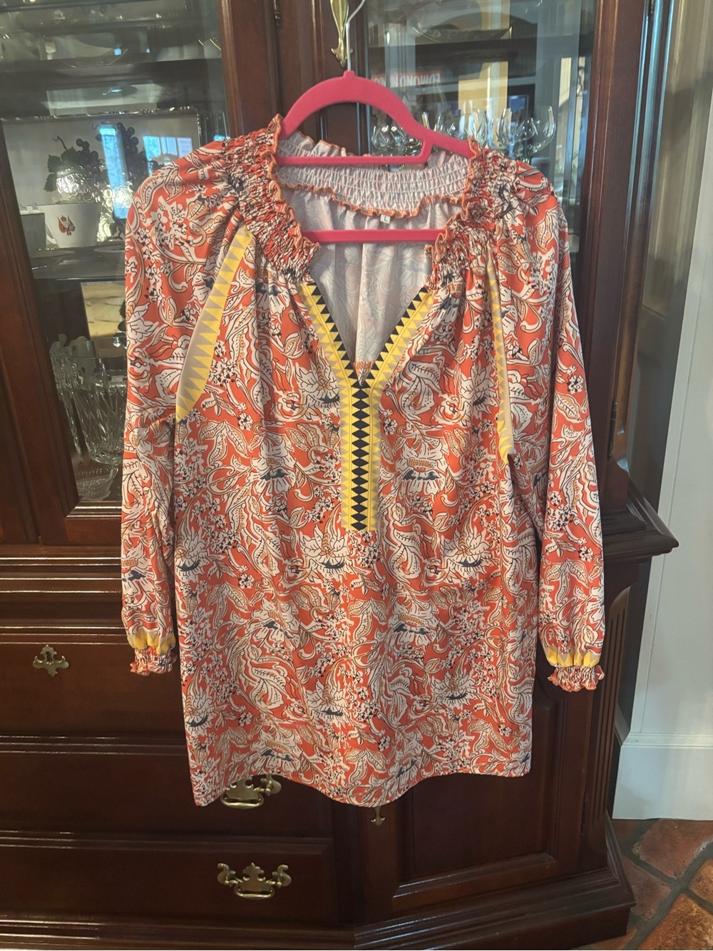 Women’s Orange Floral Peasant Blouse with Yellow Trim